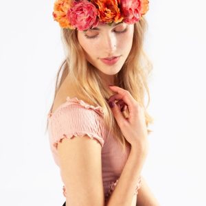Bloemenkrans haar pioenrozen oranje en roze bloemen haarband